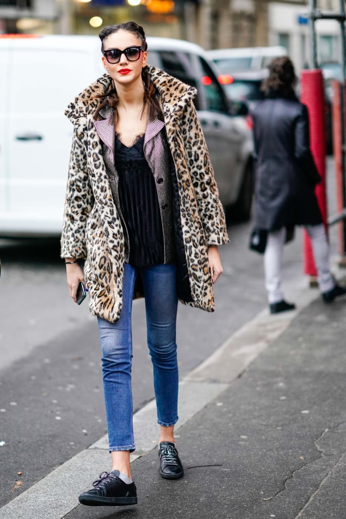 Style Your Leopard-Print Coat With: A Blazer, Camisole, Jeans, and Sneakers