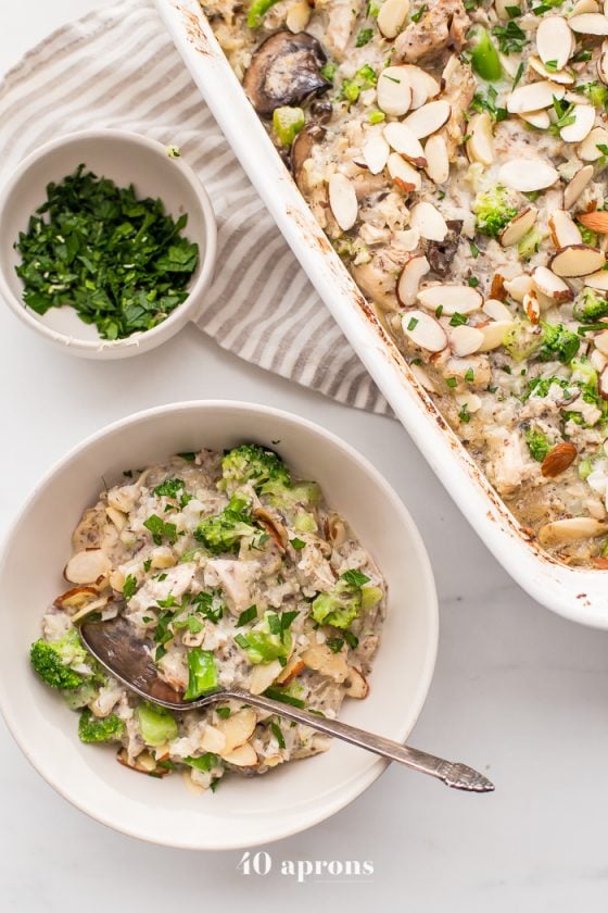 Whole 30 Casserole with Chicken, Broccoli, Rice and Mushrooms Healthy