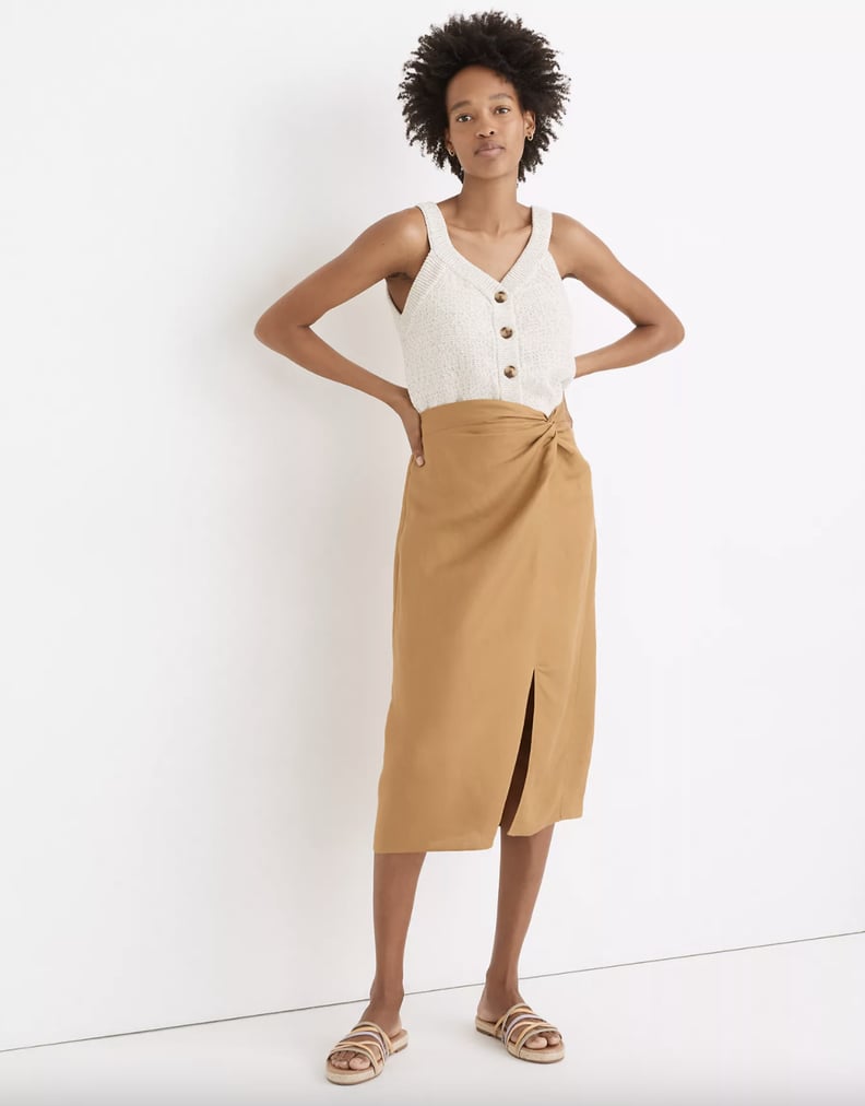 Linen-Blend Knotted Midi Skirt