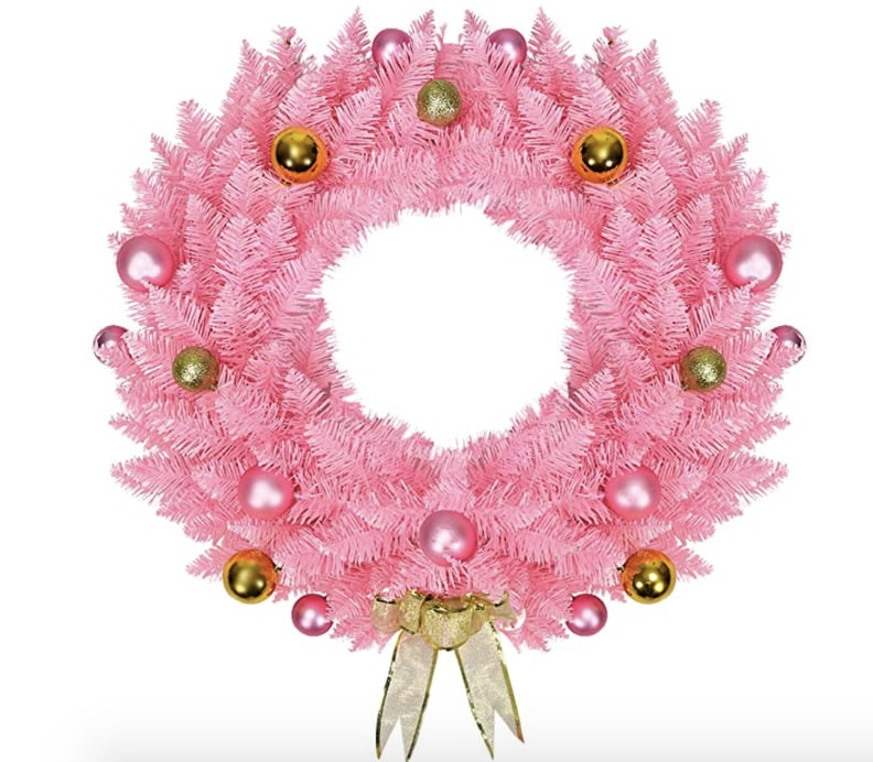 Goplus Pink Artificial Christmas Wreath with Ornament Balls and Golden Bow