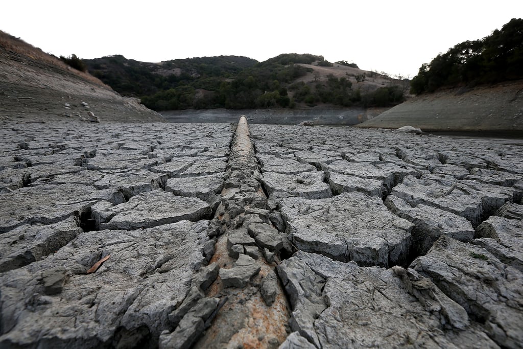 The ground is dry and cracked at the bottom of San Jose's Almaden Reservoir.