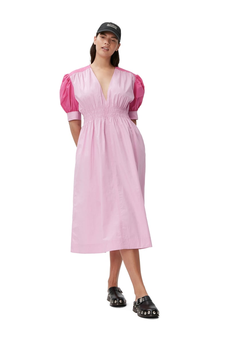 Ganni Phlox Pink Poplin V-Neck Midi Dress