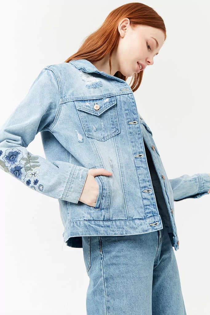 Distressed Floral-Embroidered Denim Jacket