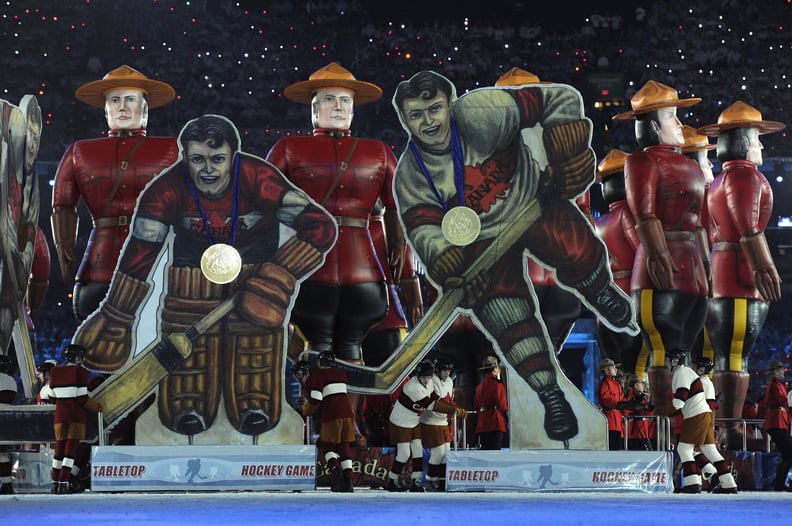 Giant images of hockey players were on display.