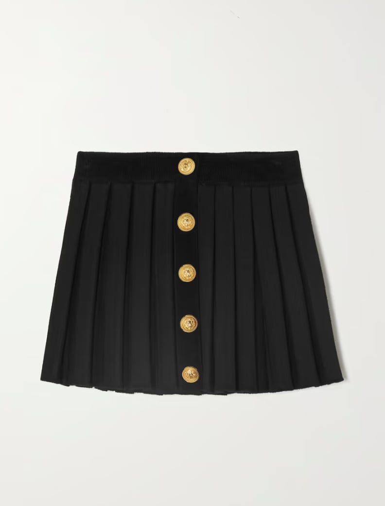 Balmain Button-Embellished Pleated Knitted Mini Skirt