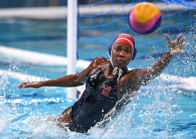 Ashleigh Johnson of the United States competes during the water polo women's gold medal match between Spain and the United States at the Tokyo 2020 Olympic Games in Tokyo, Japan, Aug. 7, 2021. (Photo by Xia Yifang/Xinhua via Getty Images)