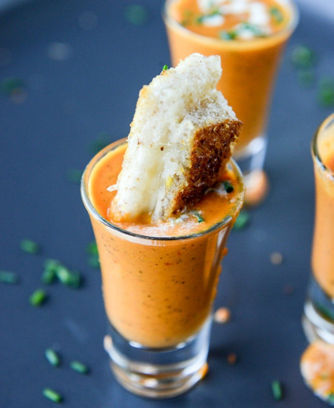 Tomato Soup Shooters With Grilled Cheese Sticks