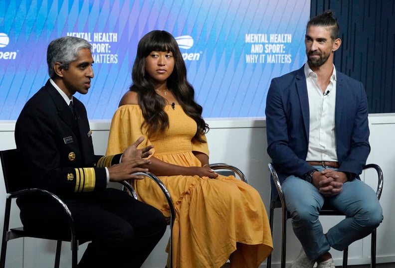 US Surgeon General Dr. Vivek Murthy, Japan's Naomi Osaka, and US swimmer Michael Phelps participate in a mental health forum entitled 
