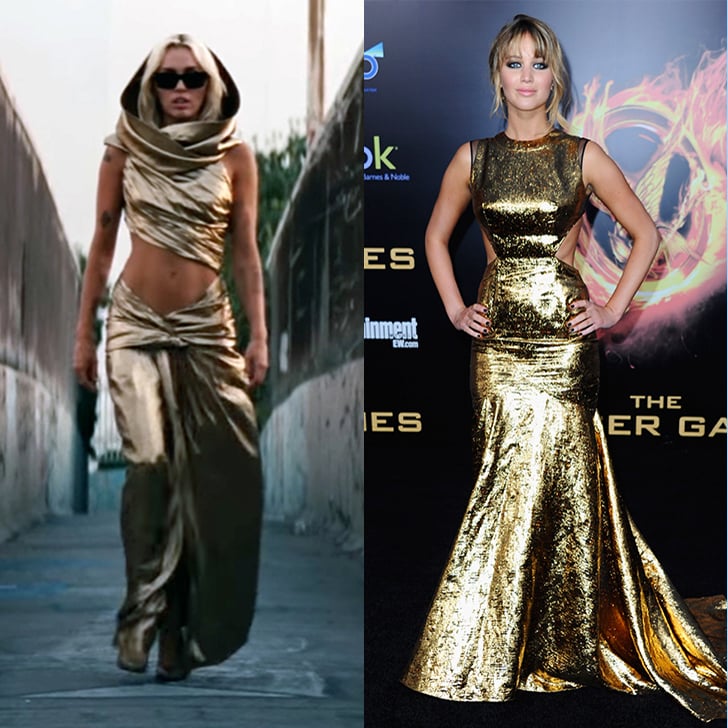 Miley Cyrus and Jennifer Lawrence Gold Dresses