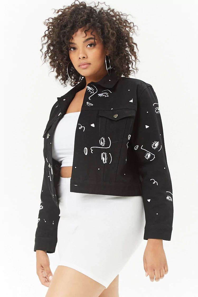 Forever 21 The Style Club Embroidered Face Denim Jacket