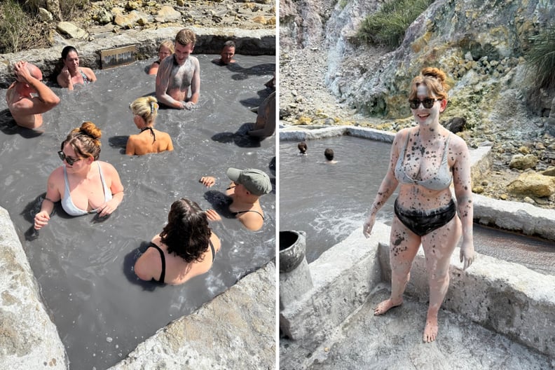 A photo collage of a woman at the sulfur mud baths in Soufrière, St. Lucia. A woman bathing in the hot springs, and a woman covered in the gray volcanic mud.
