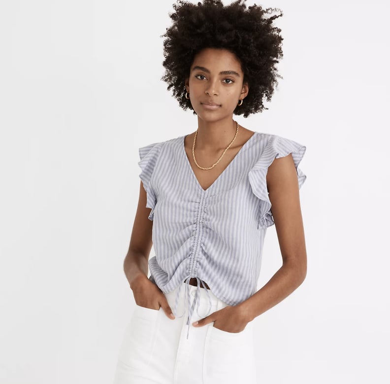 Linen-Blend Ruffle-Sleeve Drawstring Crop Top