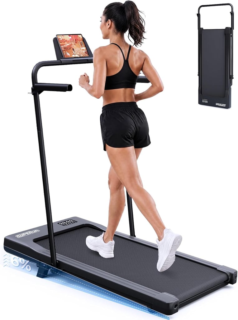 Superun Walking Pad ($111)
A step up from a basic walking pad, this mini treadmill comes with detachable side rails for added stability, as well as the ability to go up to a six percent incline. Consider this a great option if you want to create a more challenging walking workout.