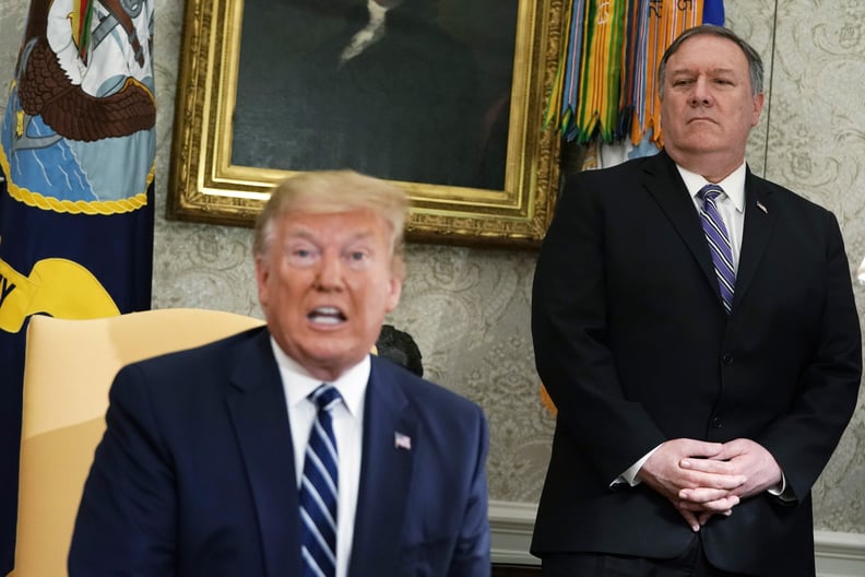 WASHINGTON, DC - JUNE 20:  U.S. Secretary of State Mike Pompeo looks on as President Donald Trump speaks during a meeting with Canadian Prime Minister Justin Trudeau in the Oval Office of the White House June 20, 2019 in Washington, DC. Trump and Trudeau 