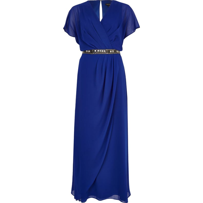 River Island Blue Embellished Waist Draped Maxi Dress