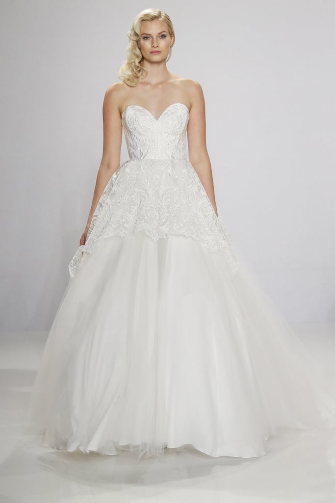 Strapless lace overlay gown.