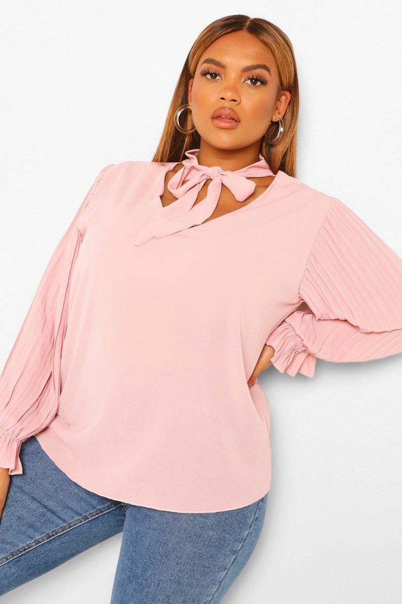 boohoo Plus Pleated Sleeve Pussybow Blouse