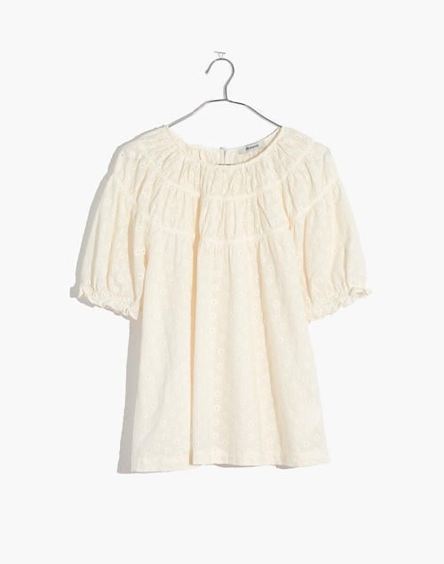 Daisy Embroidered Shirred Puff-Sleeve Top
