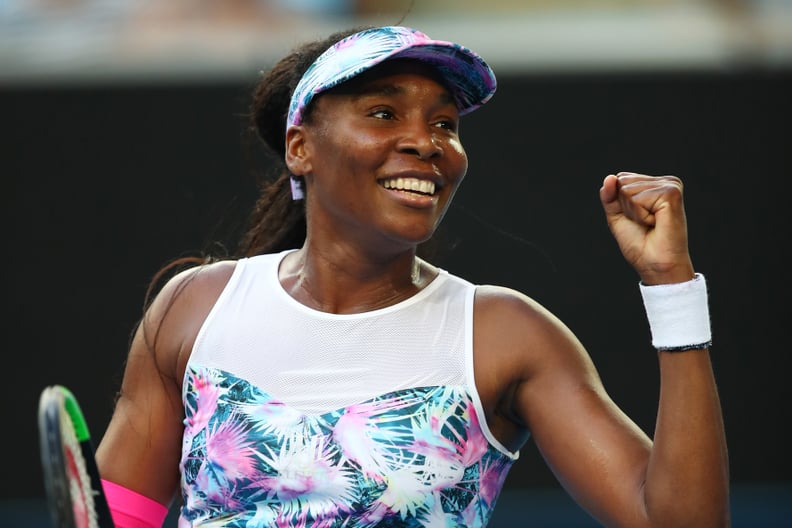 MELBOURNE, AUSTRALIA - JANUARY 15:  Venus Williams of the United States celebrates after winning match point in her first round match against Mihaela Buzarnescu of Romania during day two of the 2019 Australian Open at Melbourne Park on January 15, 2019 in