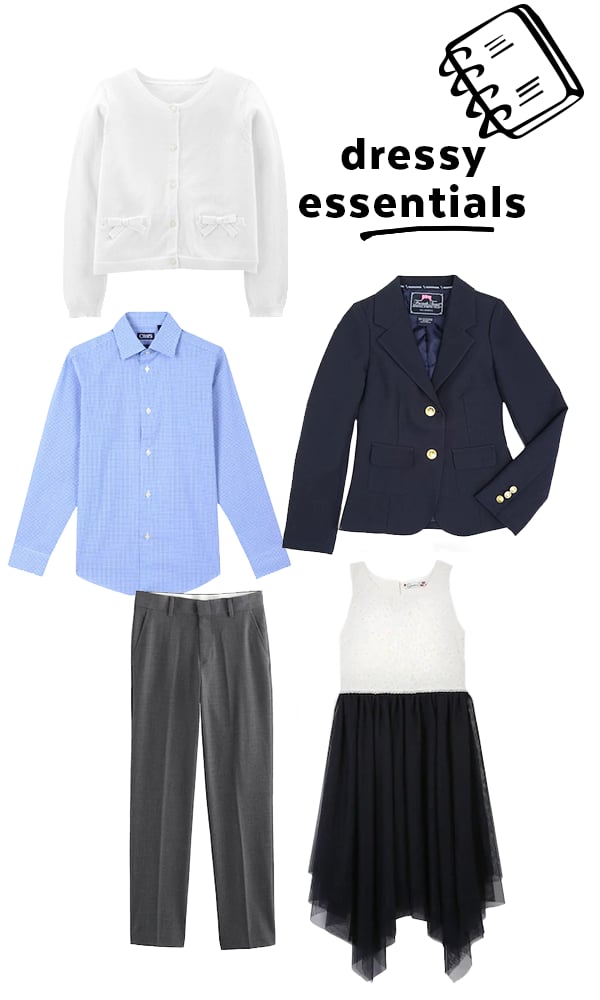 No wardrobe is complete without a few special-occasion pieces. Concentrate on neutral-colored items for boys, and versatile dresses and skirts for girls. You want to be sure these looks can work for a variety of events — think weddings, recitals, and formal family gatherings.