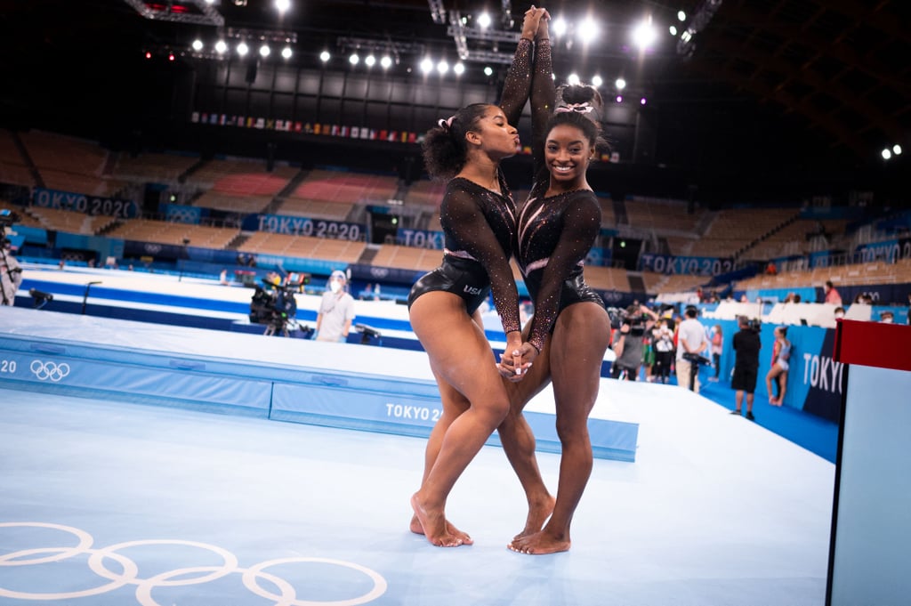 Simone Biles and Jordan Chiles at Tokyo 2021 Olympics Podium Training