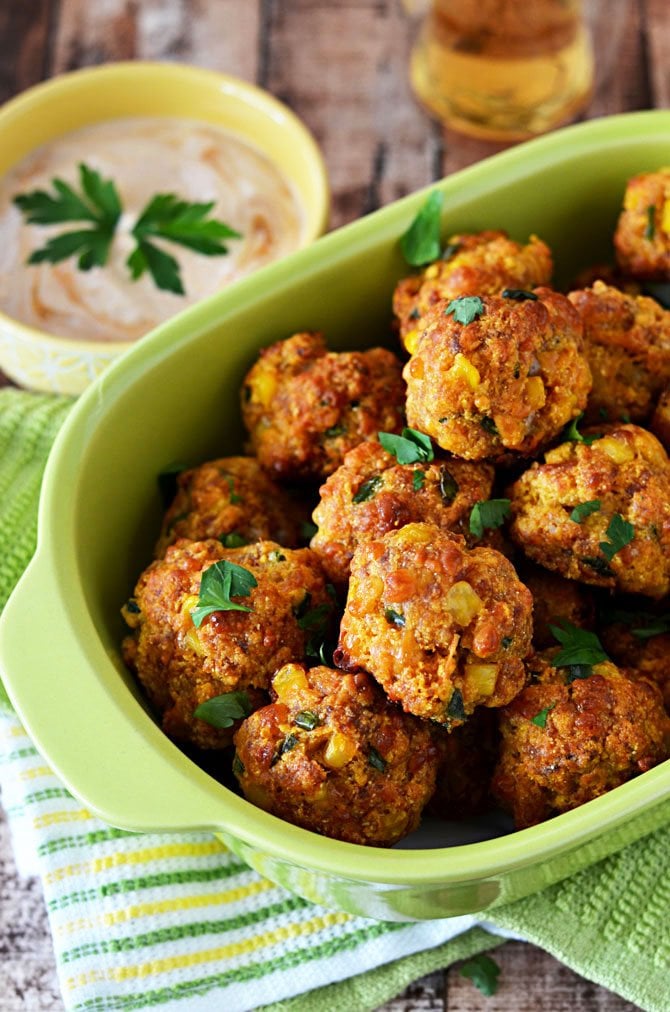 Cheesy Chorizo Cornbread Balls With Chipotle Dipping Sauce