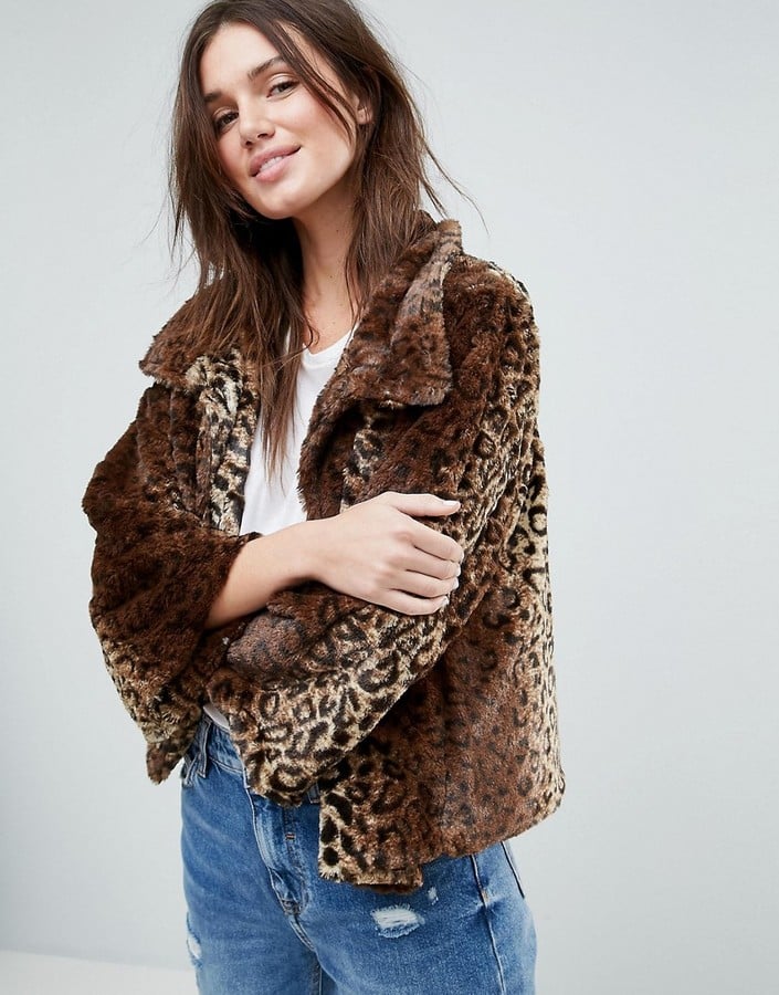 Jayley Curly Faux Fur Leopard Print Jacket