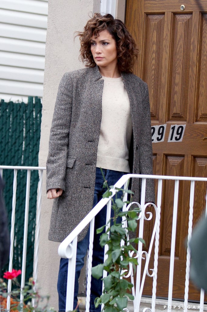 Jennifer Lopez's Gray Coat on Set of Shades of Blue ...
