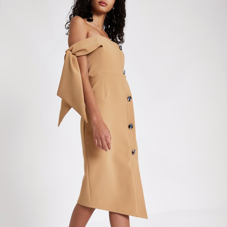 Beige Tie-Sleeve Bandeau Midi Dress