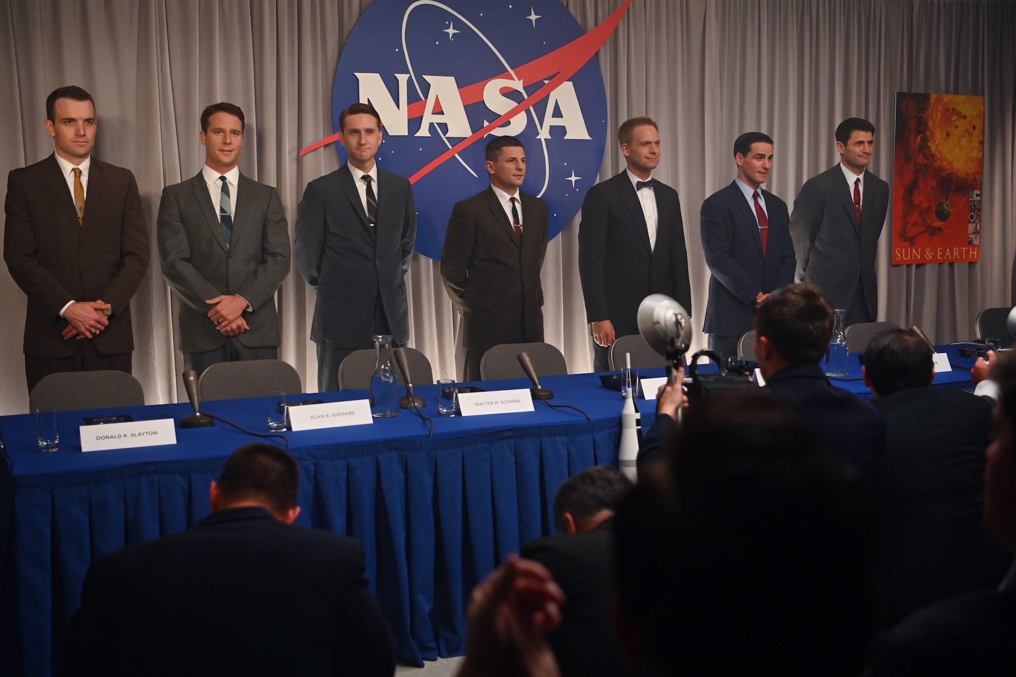 THE RIGHT STUFF, back, from left: Micah Stock as Deke Slayton, Jake McDorman as Alan Shepard, Aaron Staton as Wally Schirra, Michael Trotter as Gus Grissom, Patrick J. Adams as John Glenn, Colin O'Donoghue as Gordon Cooper, James Lafferty as Scott Carpenter, Sierra Hotel, (Season 1, ep. 101, aired Oct. 9, 2020). photo: National Geographic/Gene Page / Disney+ / Courtesy Everett Collection