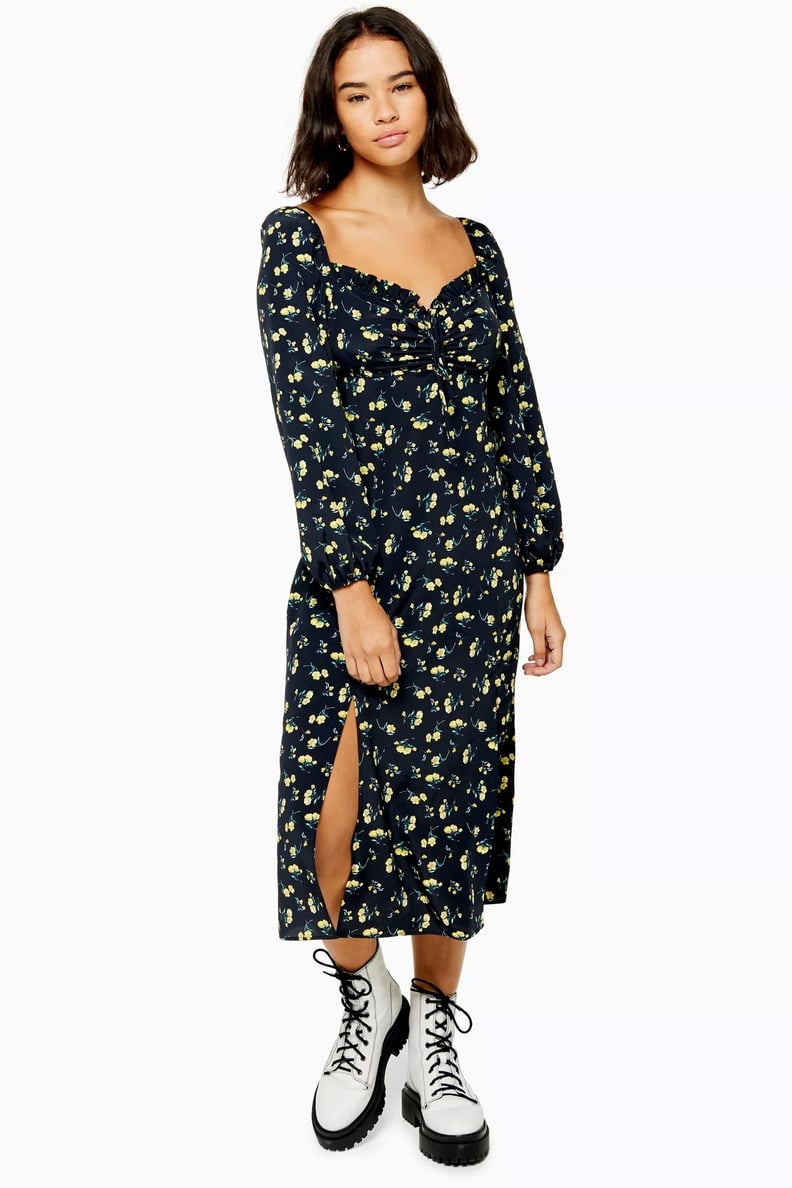 Topshop Petite Floral-Print Square-Neck Midi Dress