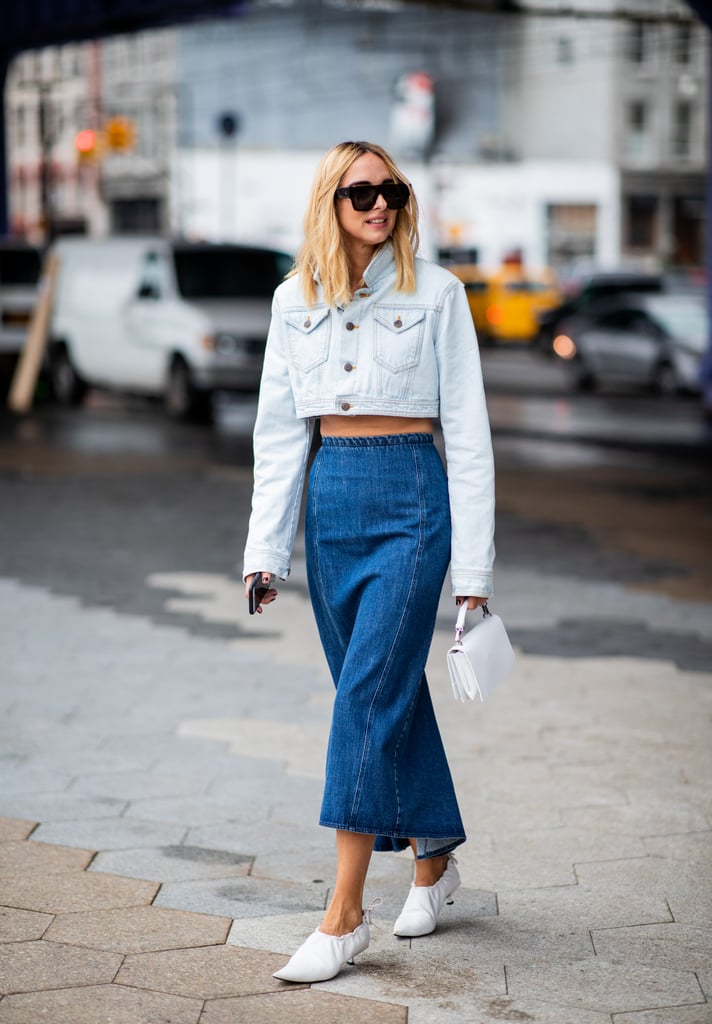 A cropped jean jacket and denim maxi skirt with optic white accessories feels so fresh for Spring.