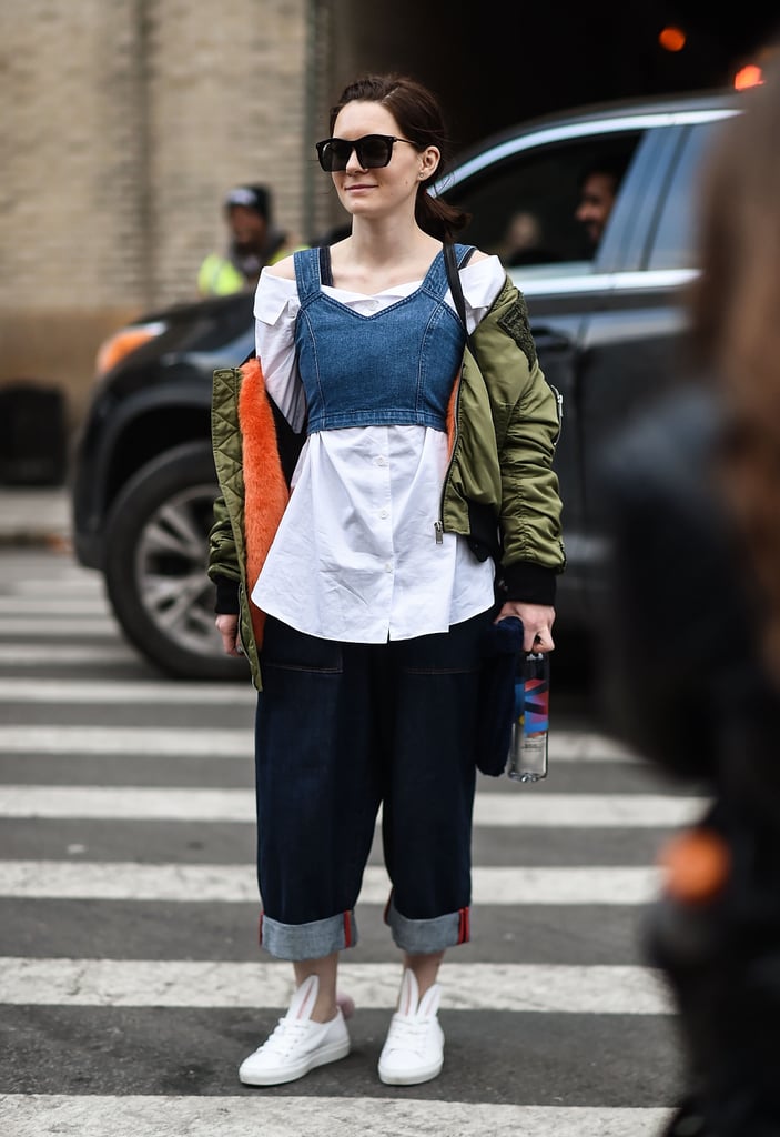 If you're going to wear oversize clothes, commit to it right down to the jeans. This street style star kept her bottoms a little baggy to create a menswear-inspired outfit.