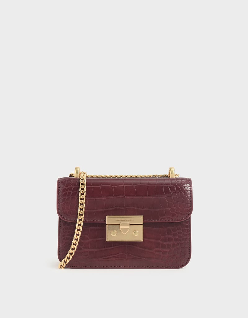 Charles & Keith Croc-Effect Boxy Chain Strap Bag