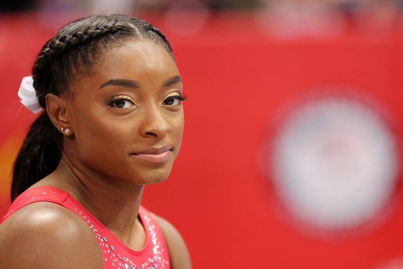 ST LOUIS, MISSOURI - JUNE 27: Simone Biles looks on during warm ups prior to the Women's competition of the 2021 U.S. Gymnastics Olympic Trials at America's Center on June 27, 2021 in St Louis, Missouri. (Photo by Carmen Mandato/Getty Images)