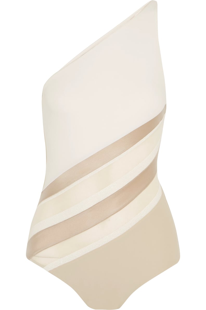 La Perla Diagonal Touch One-Shoulder Paneled Metallic Jersey and Mesh Swimsuit