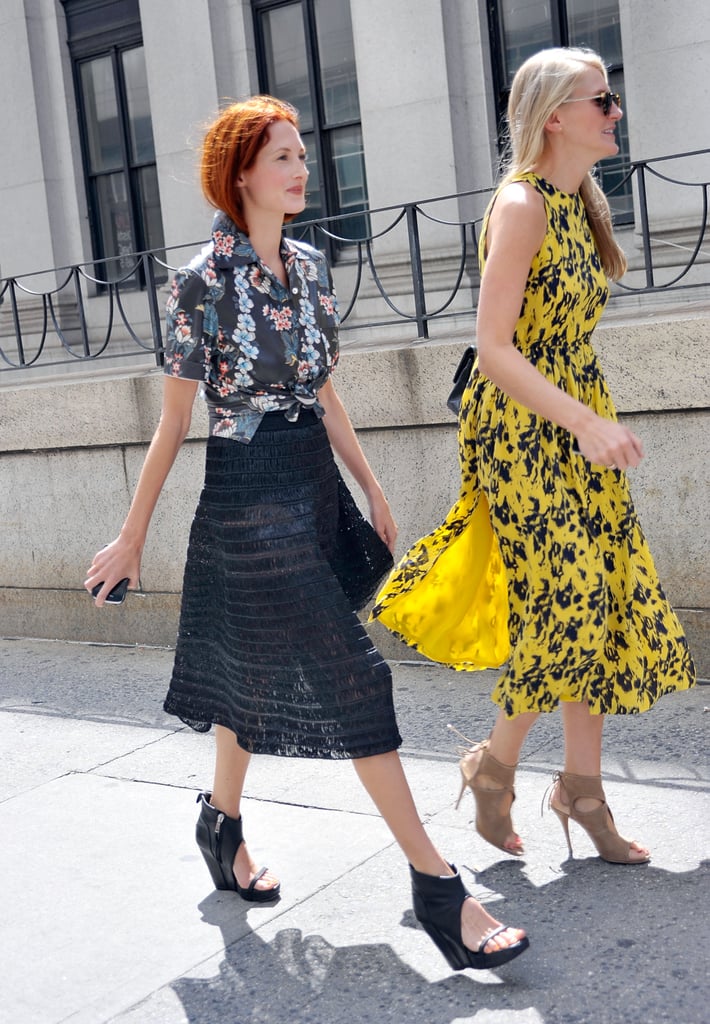 Taylor Tomasi Hill proved her style versatility once again, slipping into a tropical-print button-down, textured midi skirt, and cutout wedges. Her equally stylish companion made the rounds in a printed dress and lace-up heels.
Taylor Tomasi Hill proved her style versatility once again, slipping into a tropical-print button-down, textured midi skirt, and cutout wedges. Her equally stylish companion made the rounds in a printed dress and lace-up heels.