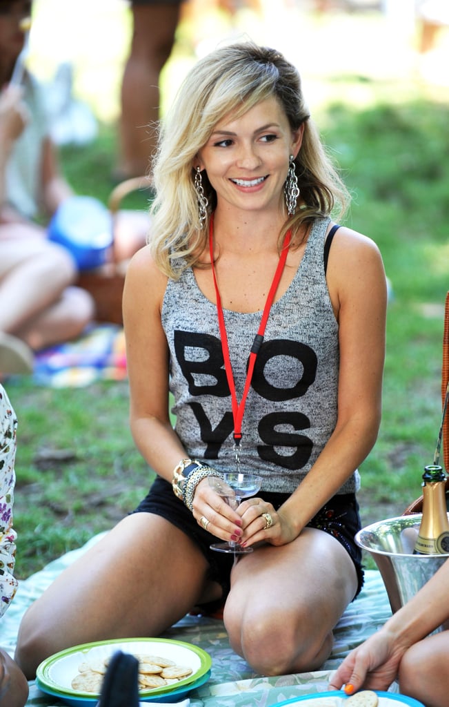 Sam's had boys on her mind, and her shirt, since day one. Style this Boys Urban Outfitters tank ($59) with these embellished denim cutoffs from Olsenboye ($20, originally $40) to nail her glam-rock style.