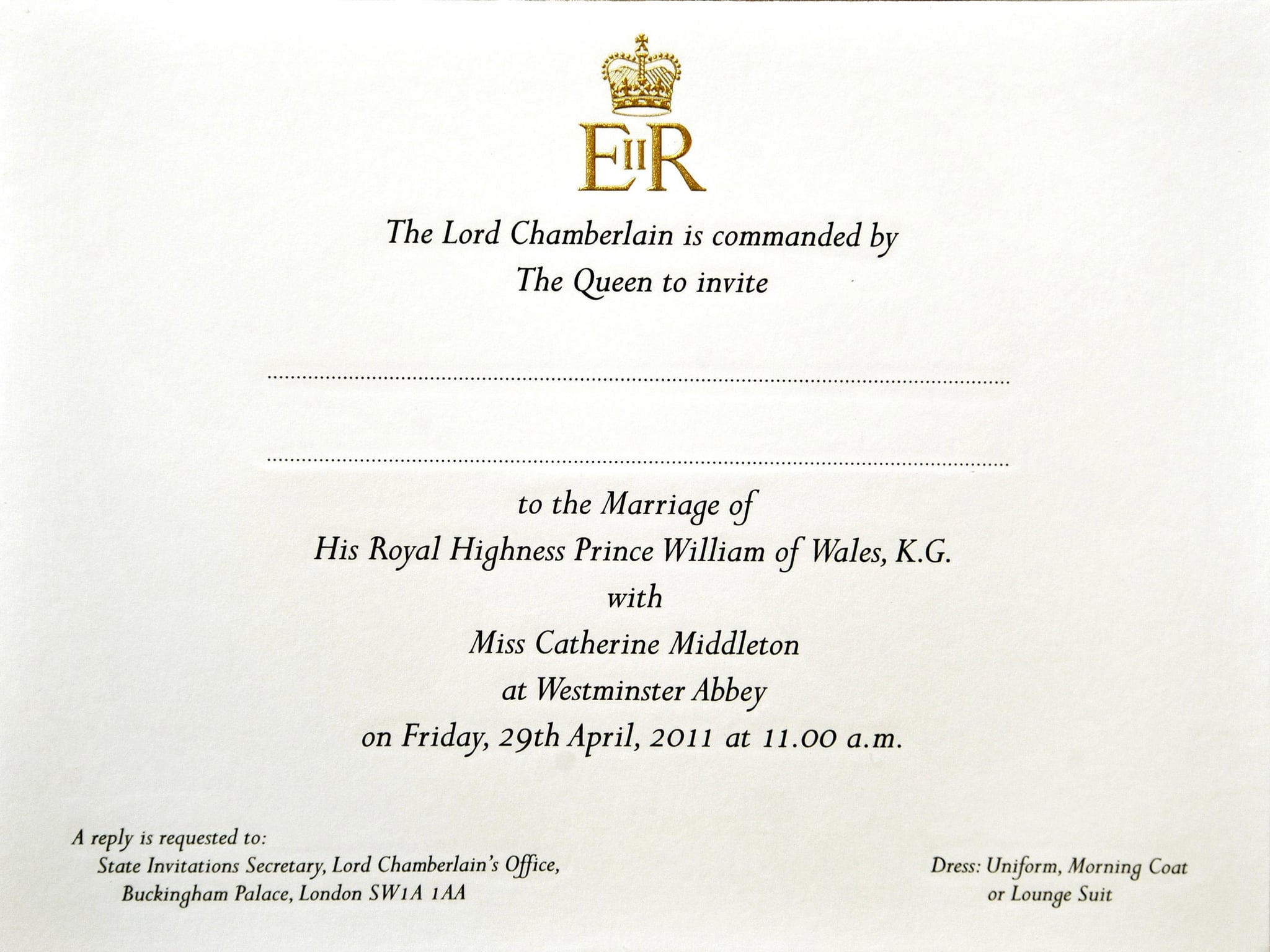 LONDON - FEBRUARY 16: Prince William and Kate Middleton's wedding  invitation as they are prepared for postage at Buckingham Palace, on February 16, 2011 in London, England. The wedding will take place on April 29, at Westminster Abbey.  (Photo by John Stillwell - WPA Poo//Getty Images)