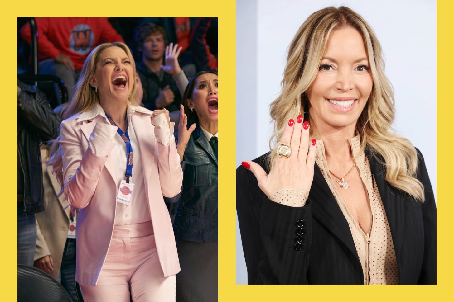 A side by side photo shows Kate Hudson in Running Point and a photo of Jeanie Buss holding up her NBA championship ring.