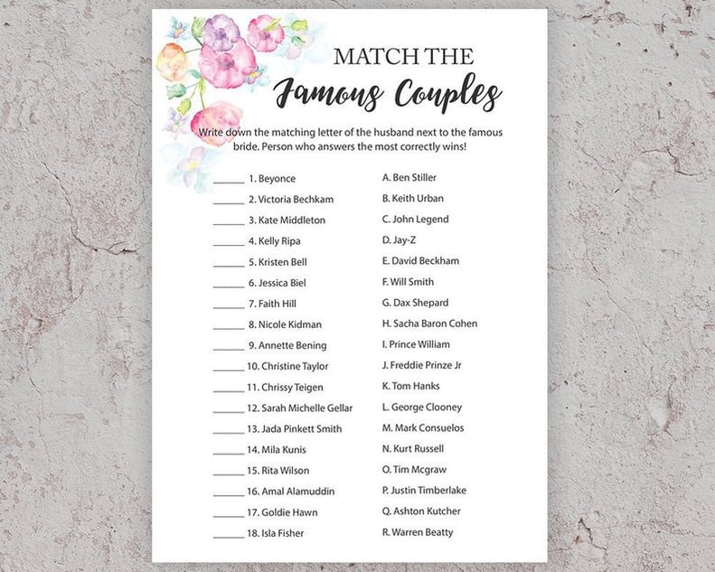 Famous Couples Printable Bridal Shower Game