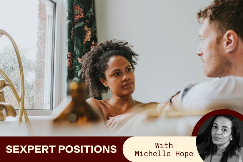 An image of a mixed-race couple talking to each other has a label that reads Sexpert Positions with Michelle Hope.