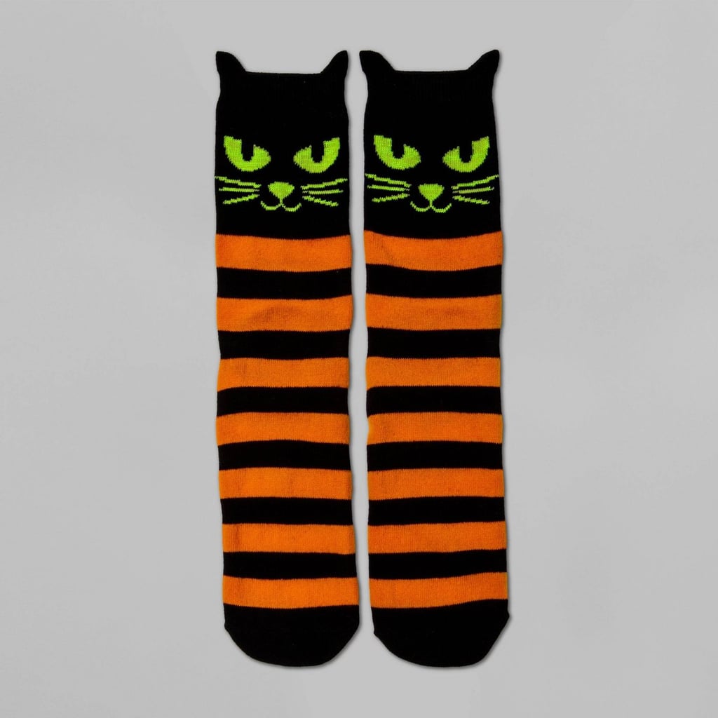 Black Cat With Glow in the Dark Eyes Halloween Crew Sock