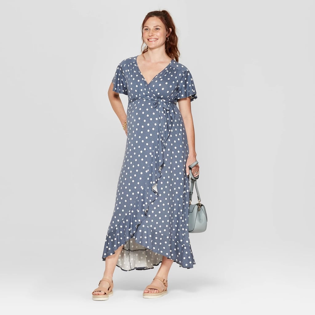 Maternity Polka Dot Elbow Sleeve V-Neck Knit Wrap Dress