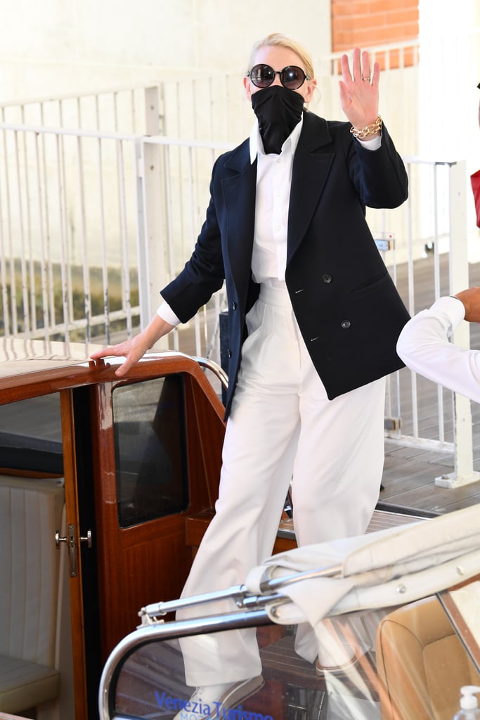 Cate Blanchett arrived at the Venice airport in chic separates.