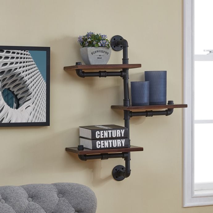 Danya B. Three-Tier Vertical Pipe Industrial Wall Shelf in Dark Chestnut