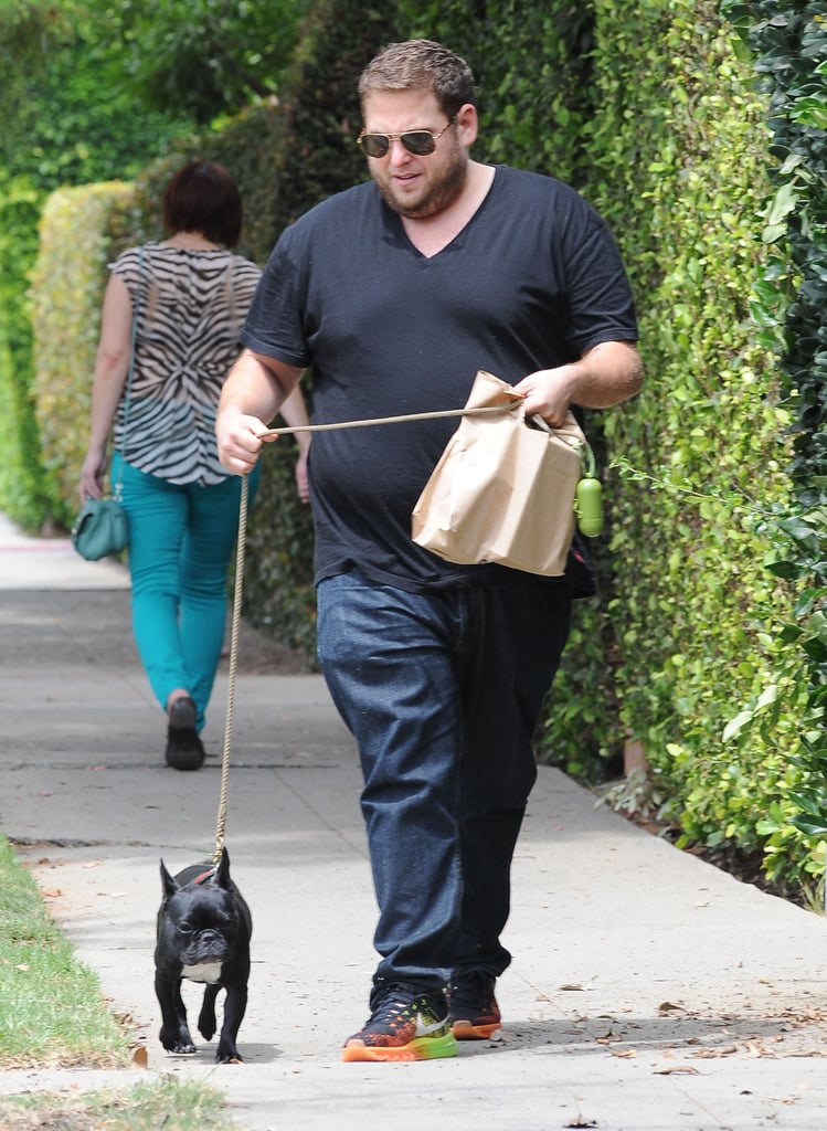 Jonah Hill took his cute dog on a walk in LA on Saturday.