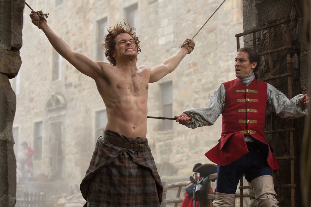 Oof. Here's his first shirtless shot, and regrettably it's while he's being victimised by Jack Randall (Tobias Menzies). But still . . . look.