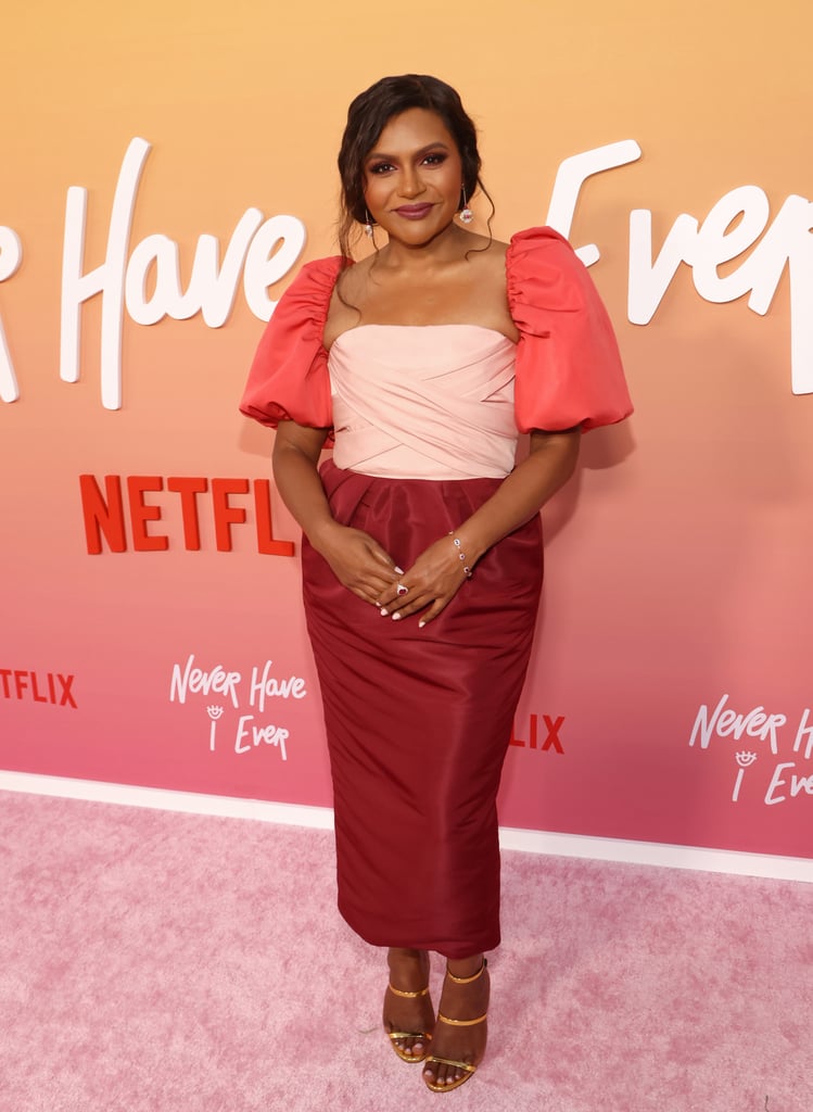 Kaling wore a colorblock Bibhu Mohapatra midi dress to the season three premiere of "Never Have I Ever" in LA, finishing the look with triple-strap Giuseppe Zanotti sandals and jewels from Kallati and Le Vian.