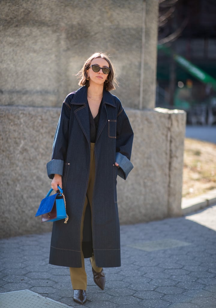 A denim coat is a fail-safe layer over olive pants. To make the combo pop, finish with a cobalt-blue accessory.